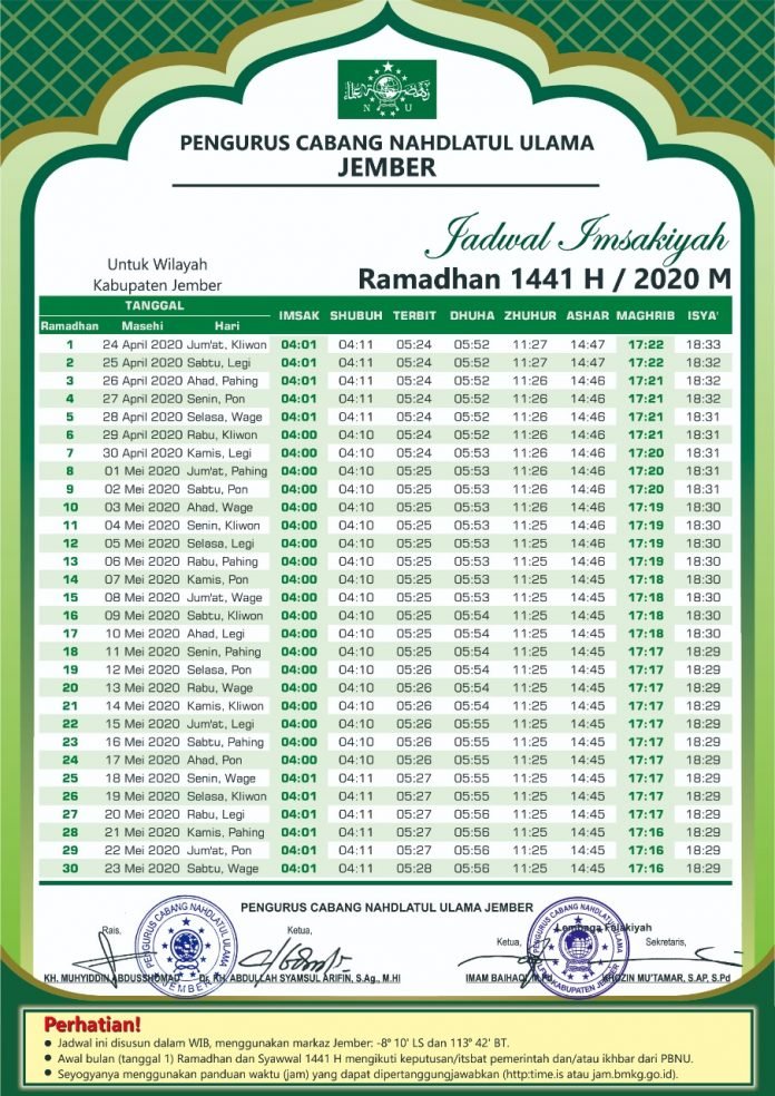 Jadwal Imsakiyah Ramadhan 1441 H - Website Resmi PCNU Jember